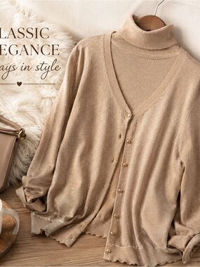 Talbots Petites LP Metallic Sweater Set Gold Shimmer Turtleneck Cardigan Twinset
